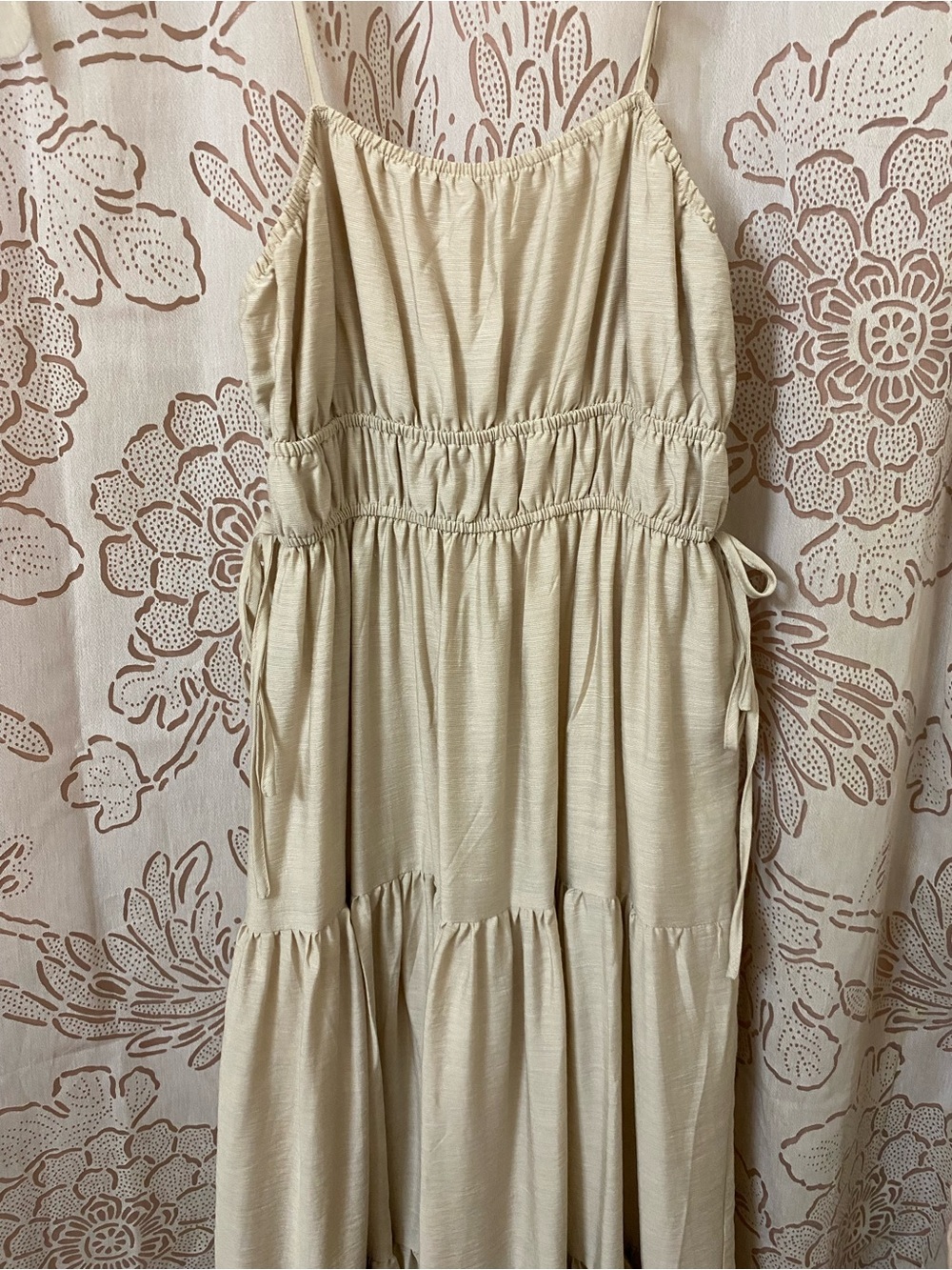 Tiered side-tie beige maxi dress